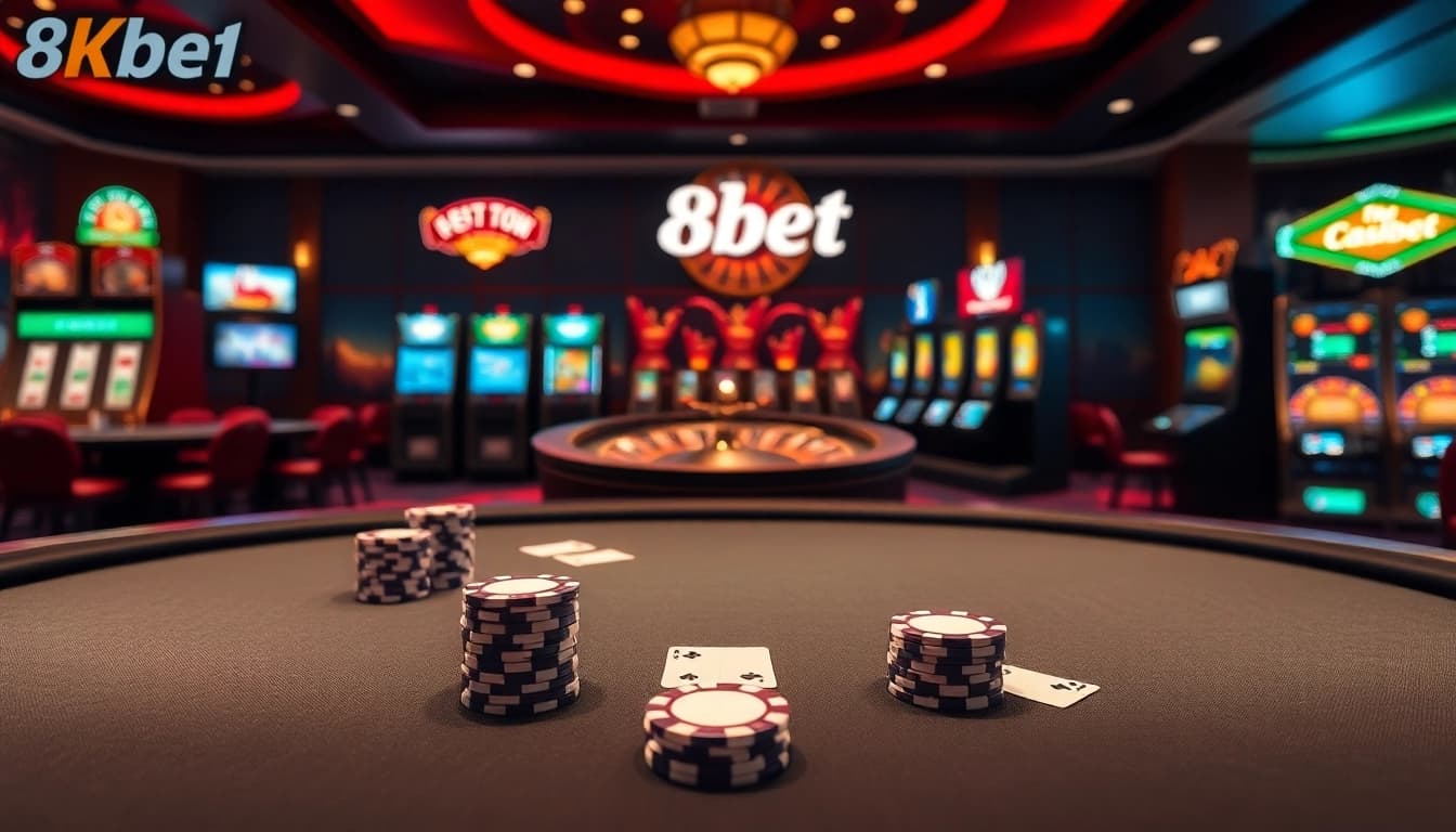 Experience the excitement of 8kbet1 with vibrant casino tables, poker chips, and slot machines.