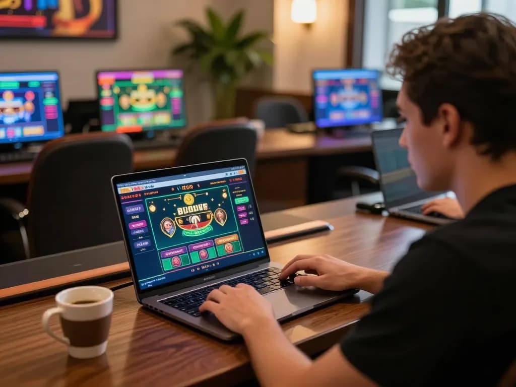 KUBET player strategizing on laptop for online casino gaming at home, warm ambiance and focused atmosphere