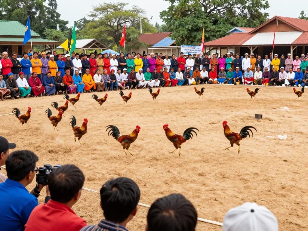 Cảnh tượng hấp dẫn của sự kiện Phát sóng trực tiếp đá gà thể hiện hành động đá gà sôi động trong đấu trường rực rỡ.