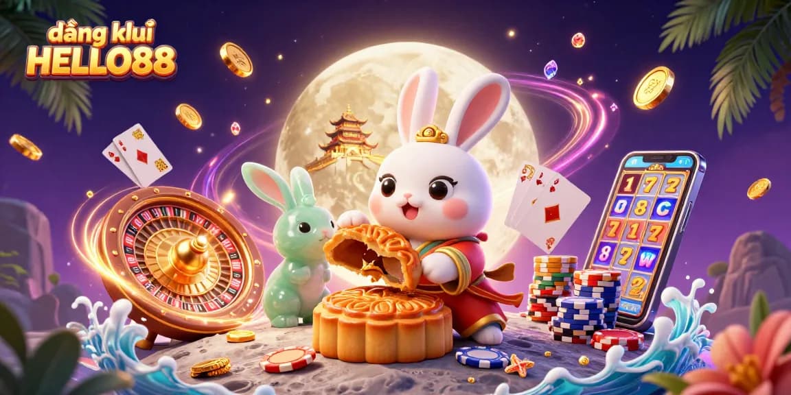 Engage in the world of gaming with đăng ký HELLO88, featuring a vibrant casino scene with characters and golden rewards.