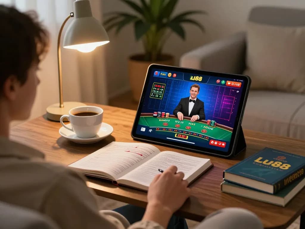 Engaging in Lu88 online blackjack on a tablet at home, promoting responsible gaming.