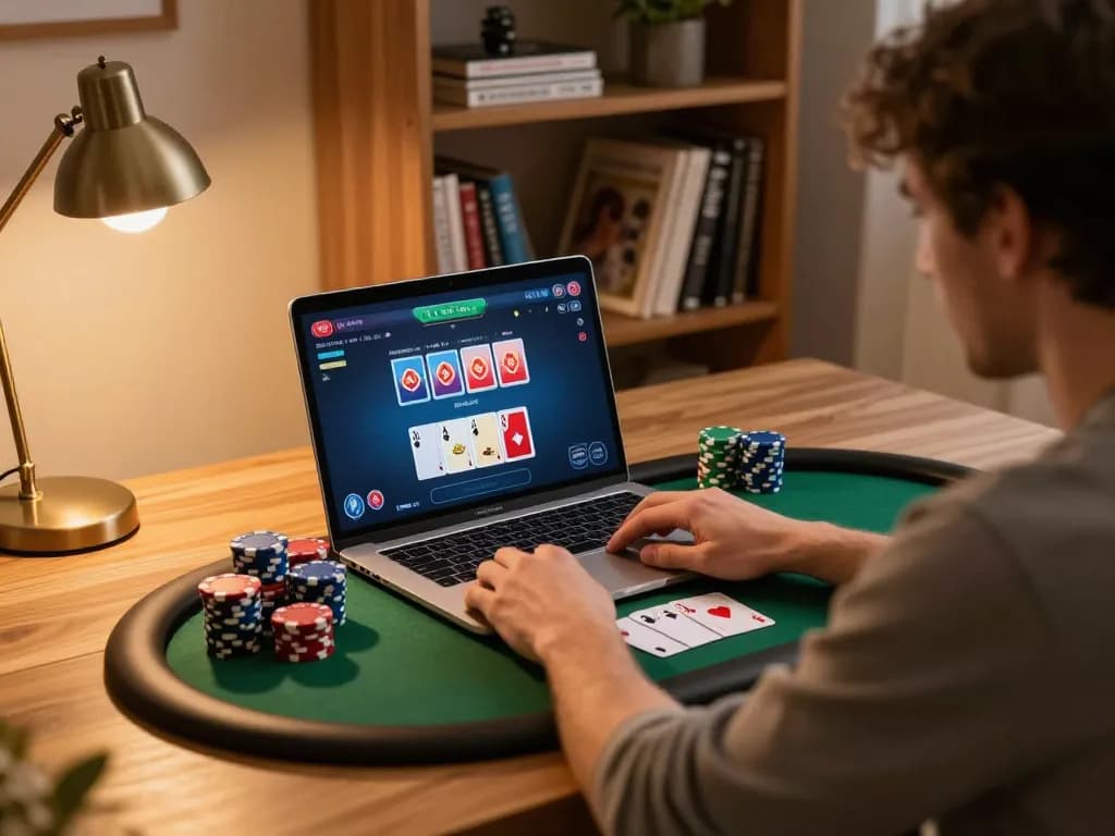 Engaged player strategizing in an online poker game with Say88 interface visible, showcasing a comfortable home gaming setup