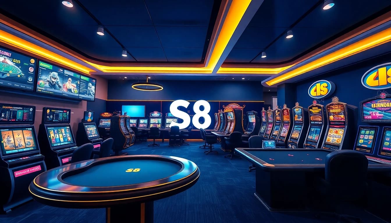 S8 online gaming platform with vibrant game displays, embodying excitement and professionalism.