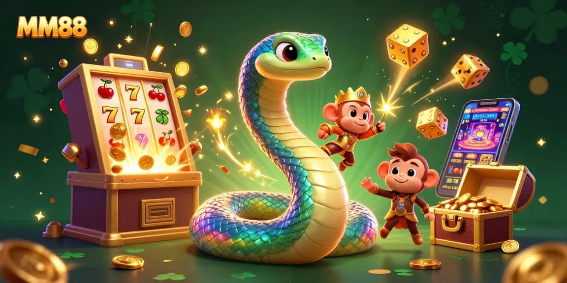 Engage in thrilling casino fun with MM88's vibrant 3D illustration featuring a playful monkey king and jackpot-exploding slot machine.