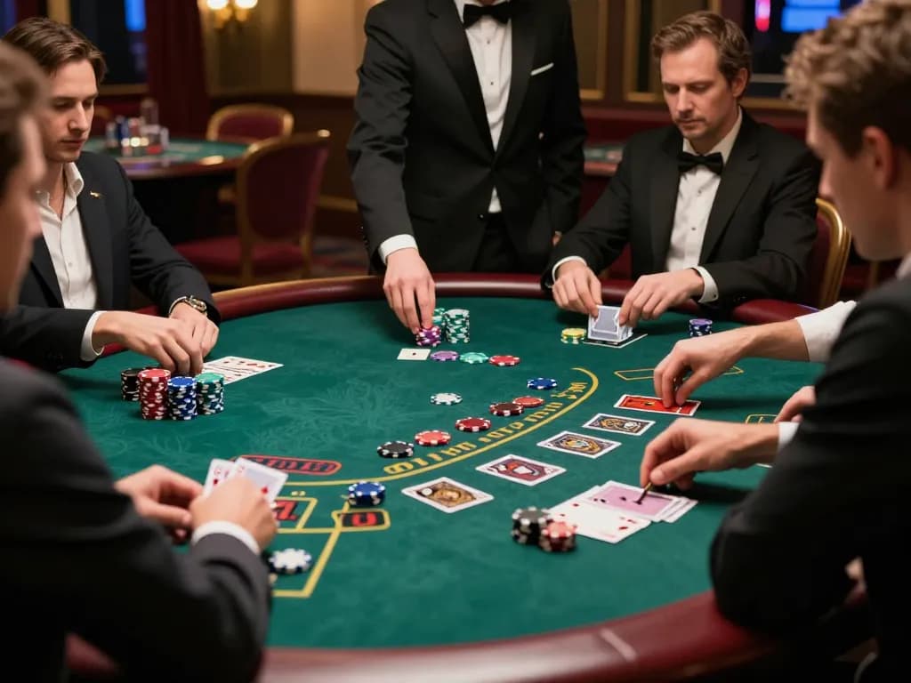 MM88 players strategizing over a vibrant blackjack table in a luxurious casino atmosphere.