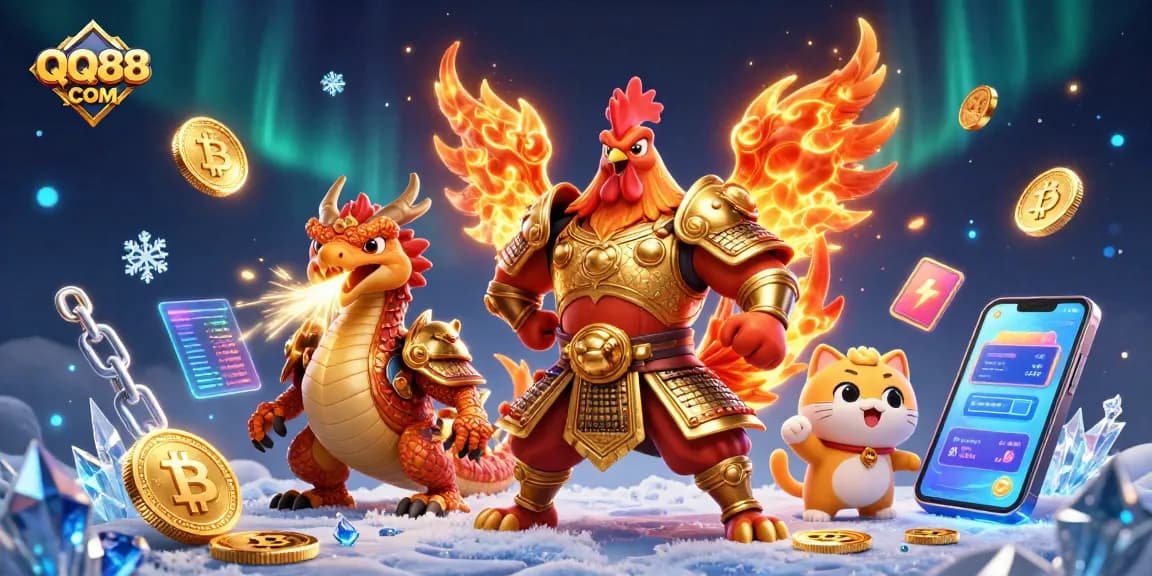 Engage with the thrilling gaming atmosphere at QQ88 COM featuring lively characters and cryptocurrency elements.