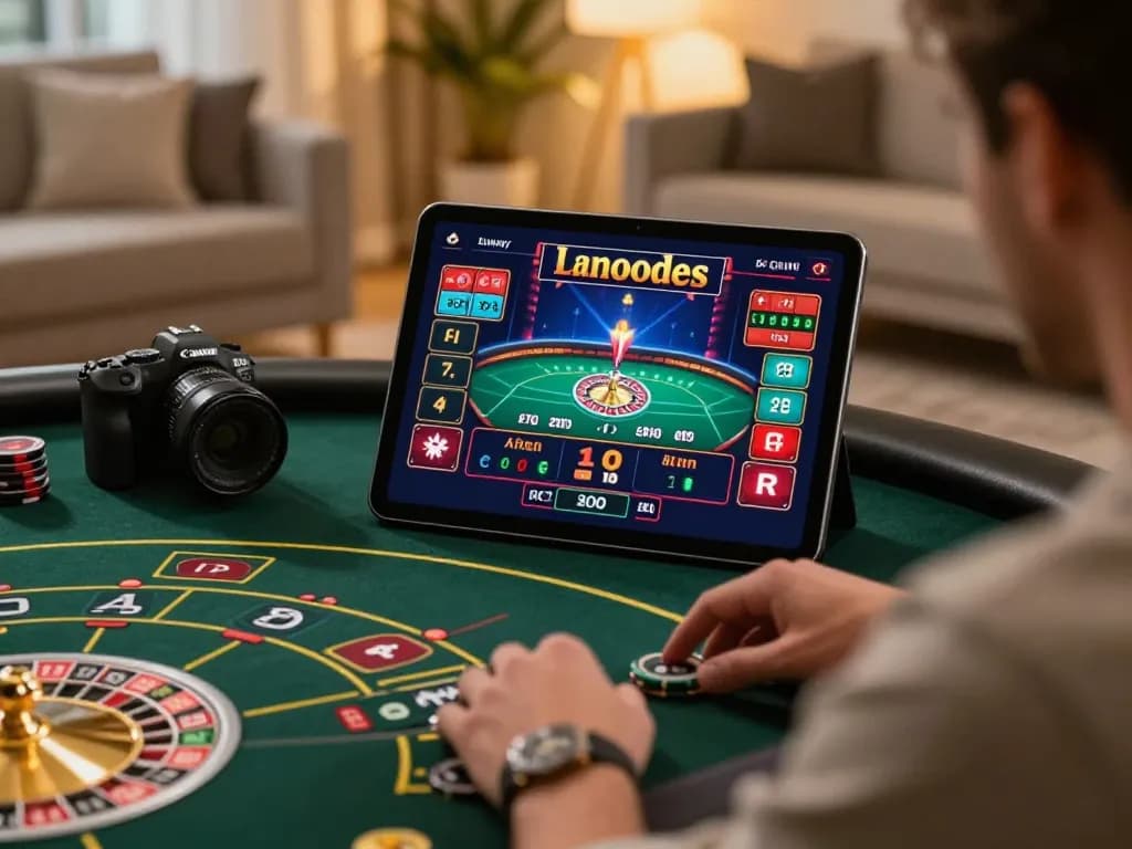Player enjoying online casino gaming on tablet, showcasing Website Vin88 roulette action with a cozy home atmosphere