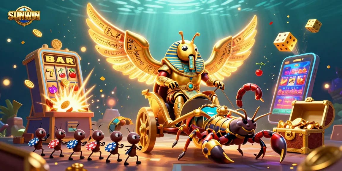 SUNWIN celebrates thrilling gameplay with a colossal golden beetle chariot, exciting jackpots, and vibrant casino elements.