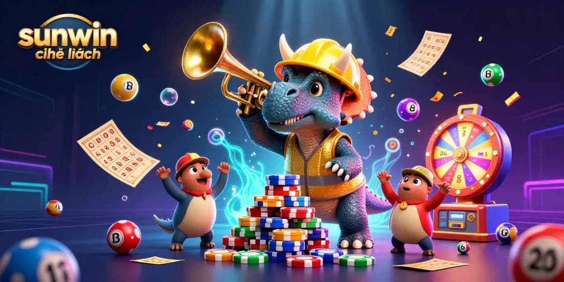 Experience thrilling gaming with sunwin chính hãng as triceratops celebrates at a vibrant casino scene.