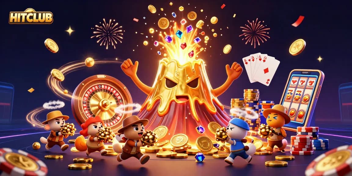 Experience an exciting treasure hunt at HITCLUB with vibrant characters and a volcano of coins!