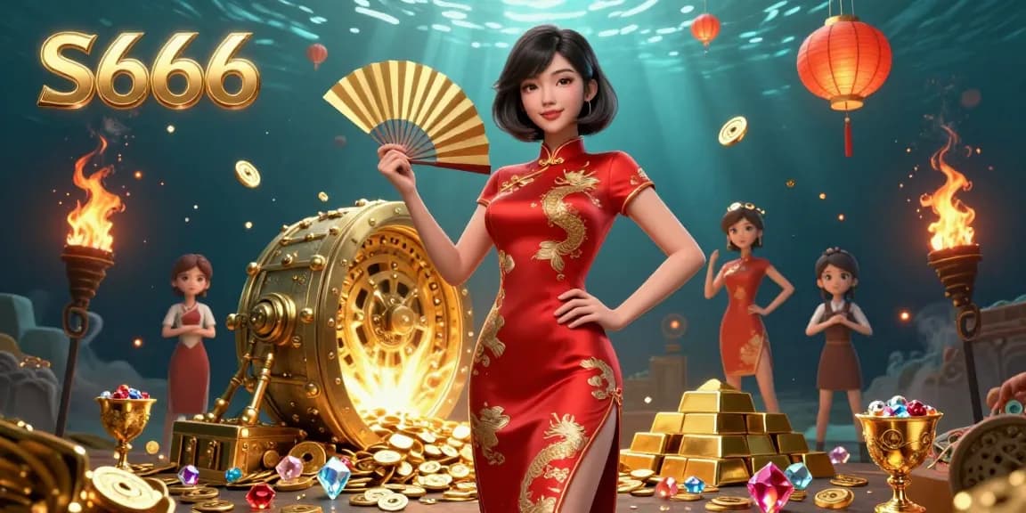 S666 features a confident woman in qipao holding a fan, surrounded by gold coins and treasures in a vibrant casino scene.