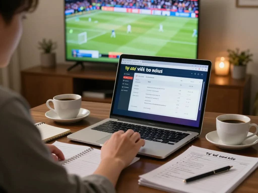 Tỷ lệ kèo nhà cái displayed on laptop screen with engaging sports betting setup, showcasing excitement.