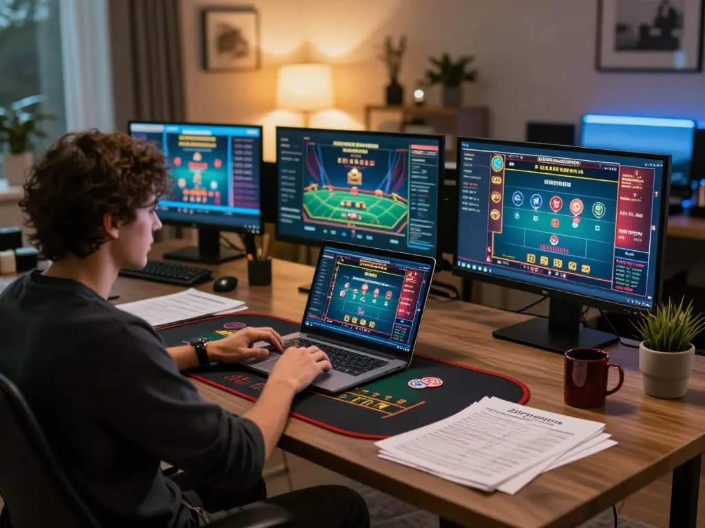 Usbet player engaged in live dealer blackjack game from a stylish home office, highlighting strategic gaming.