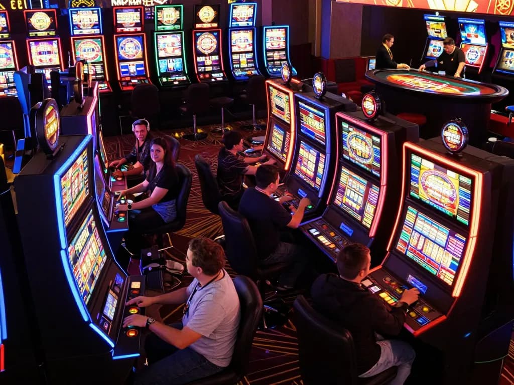 Players enjoying thrilling slot machines at DW8 casino, vibrant lights and excitement in the atmosphere