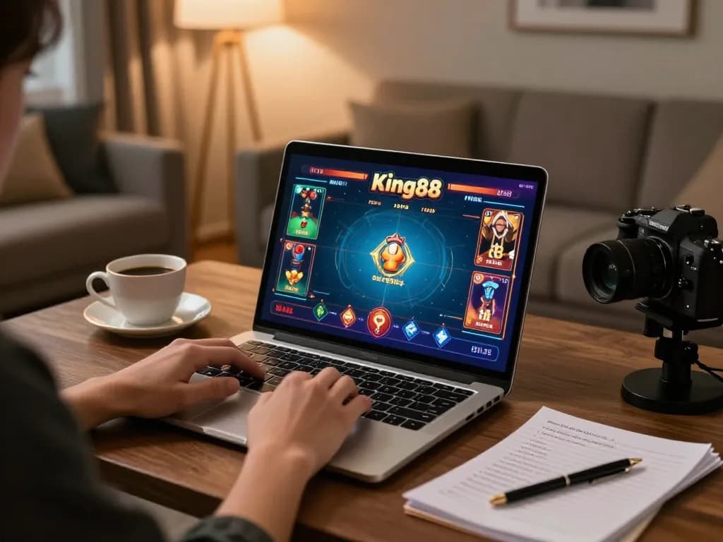 Engaging in King88 online casino gameplay at home with a laptop and notes.