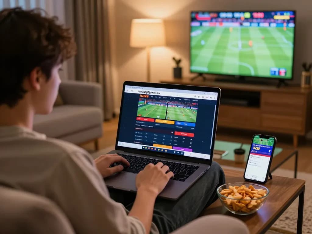 A user enjoying online betting on vaobong1gom.cn.com from a cozy home setting, complete with sports highlights.