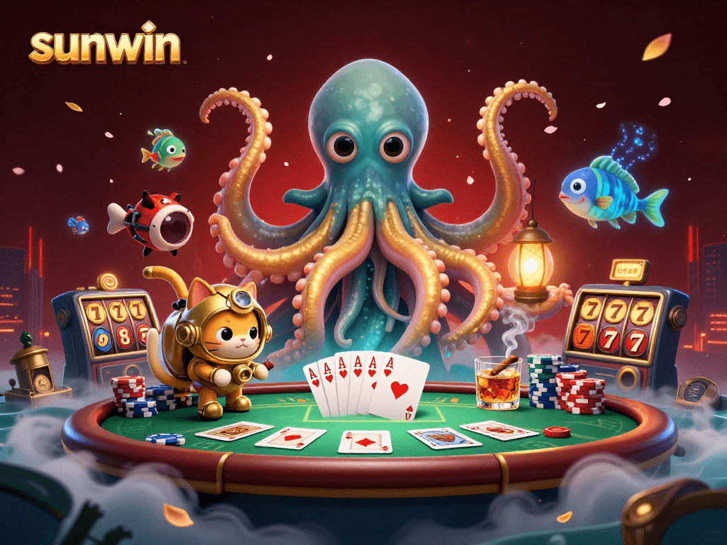 sunwin showcases a vibrant 3D underwater casino scene filled with poker elements and a colossal kraken.
