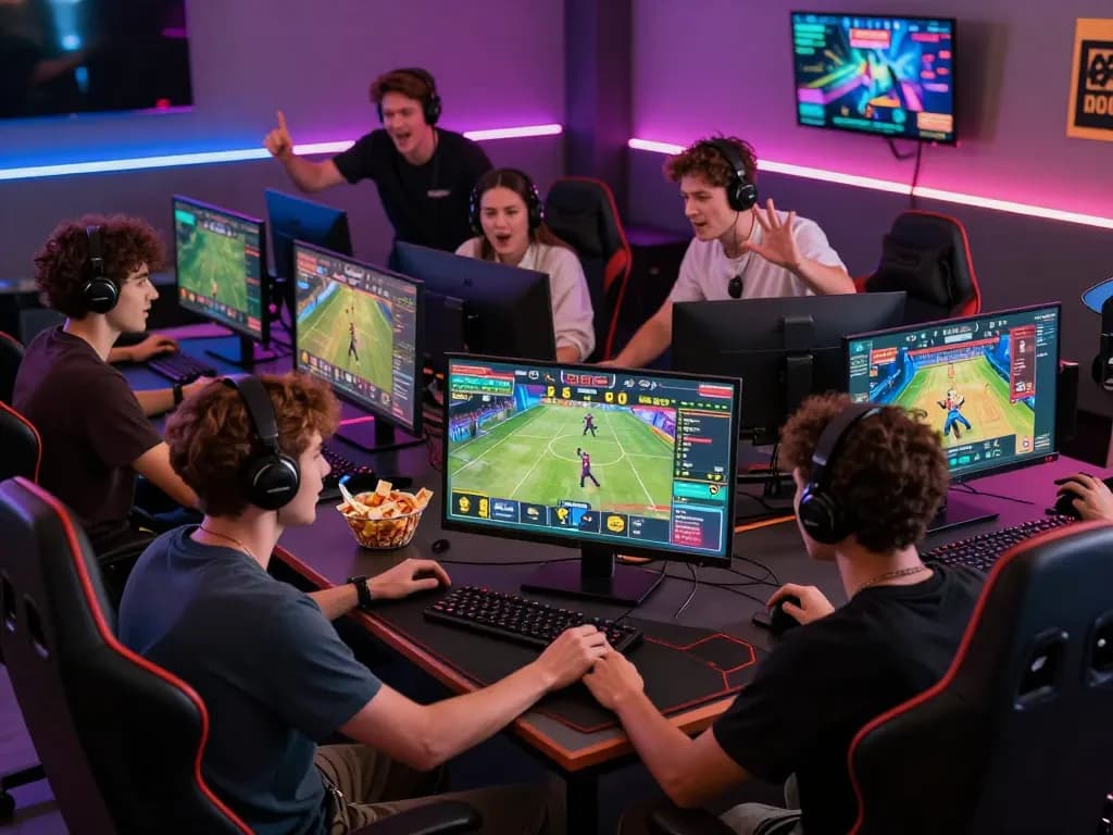 Engaging group playing games at 789bet with colorful lighting and multiple screens showcasing exciting betting options.