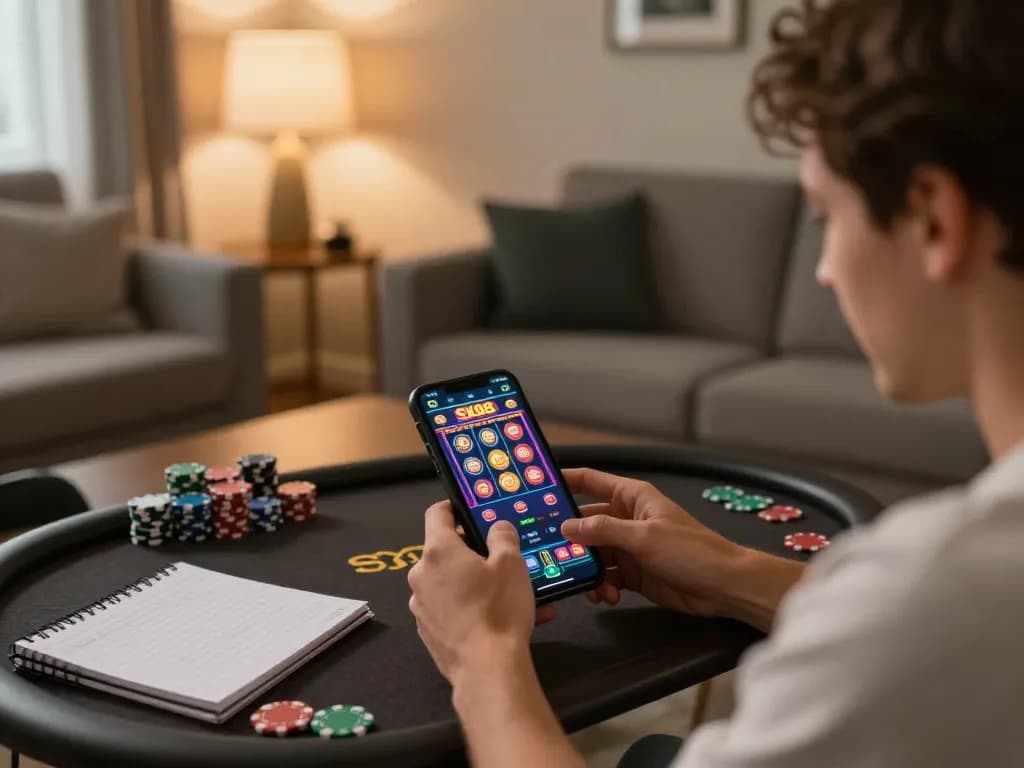 SX88 player engaging with online slots on mobile in cozy home environment.