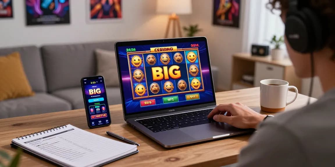 Player engaging with bonus buy slots on laptop in a cozy gaming setup, surrounded by colorful slot graphics.