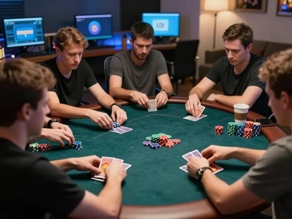 Winning strategies with 33winvn players in an intense online poker session, showcasing cards and chips.