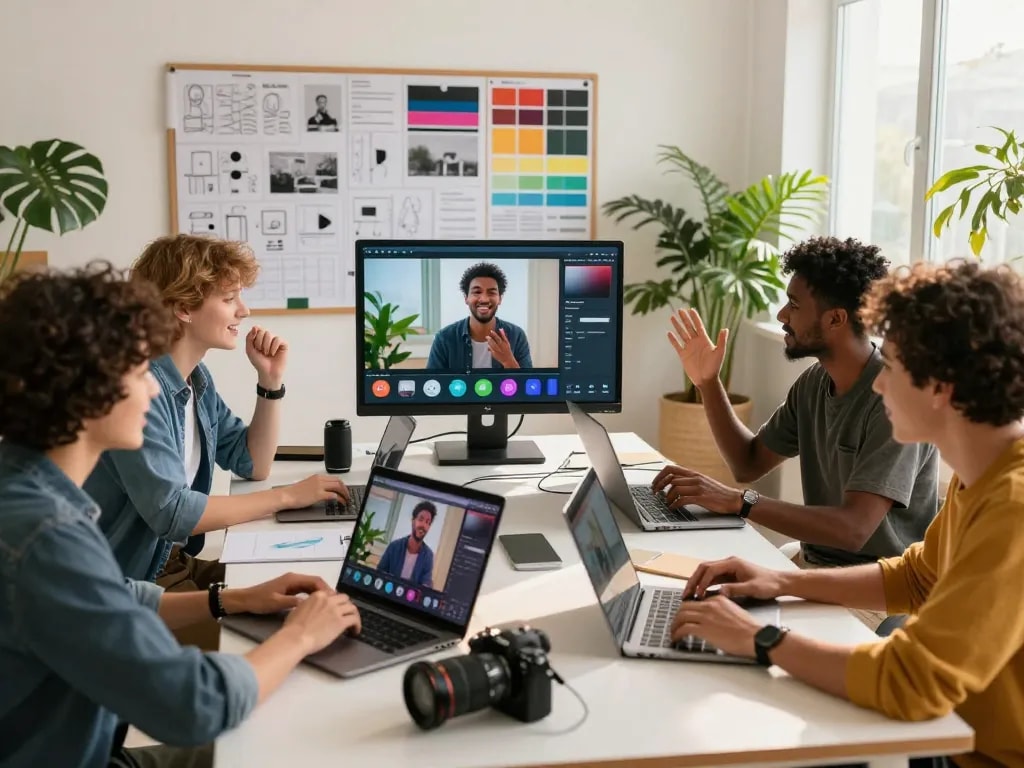 Content creators using ai seedance 2.0 for professional video generation in a vibrant workspace.