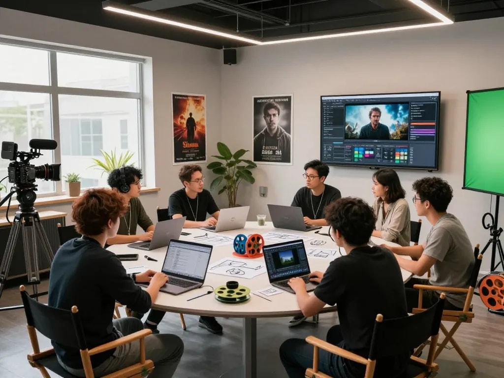 Creative team collaborating in a modern studio using Seedance AI for video production.