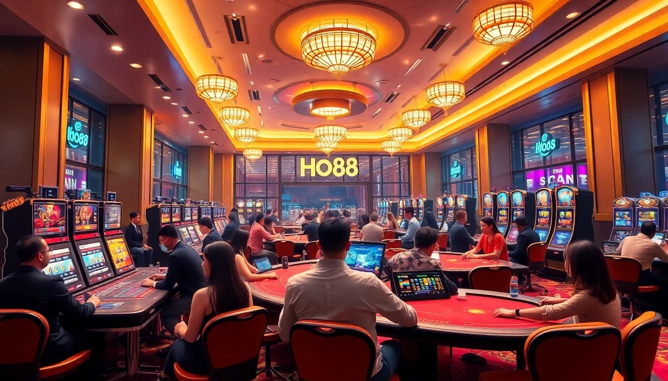 Ho88 online casino scene depicting players enjoying vibrant baccarat and slot games in a luxurious setting.