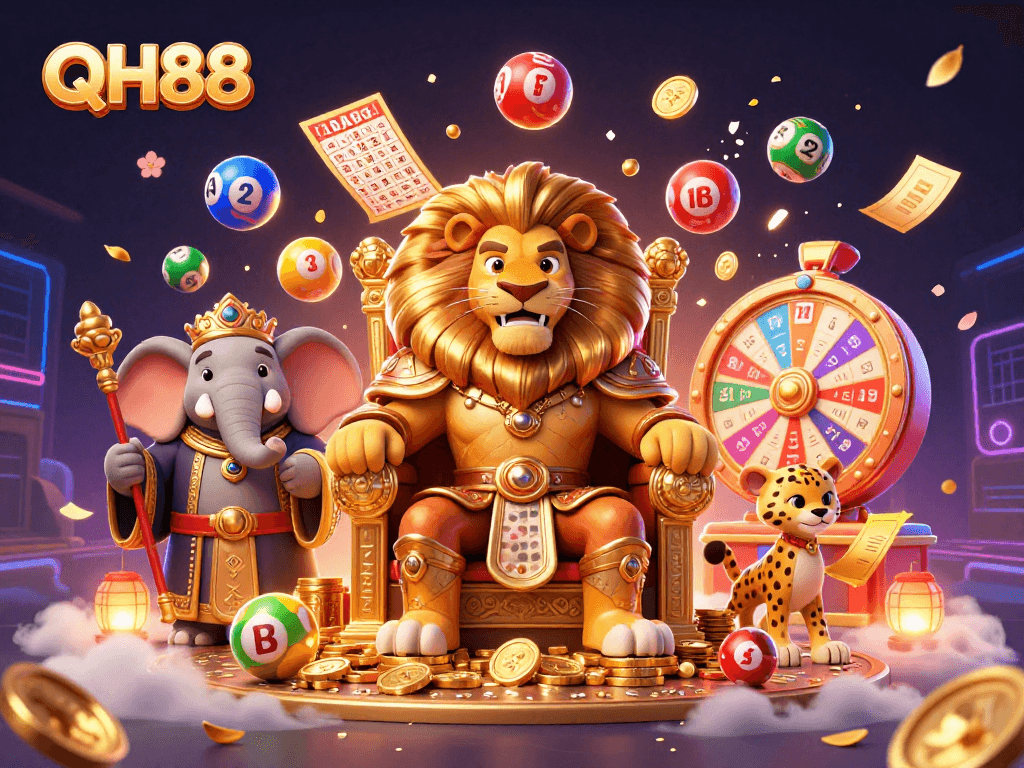 Experience QH88’s thrilling gambling environment with vibrant lottery elements and majestic characters.
