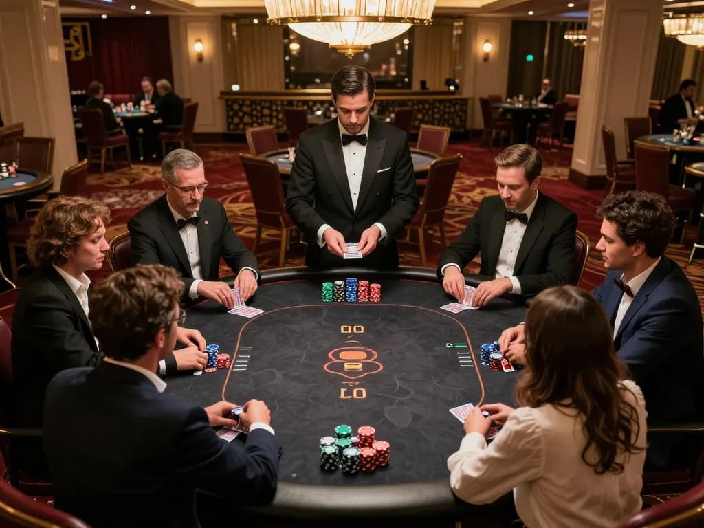 High-stakes poker game at an upscale casino, showcasing Dwin's strategic play and intense competition among players.