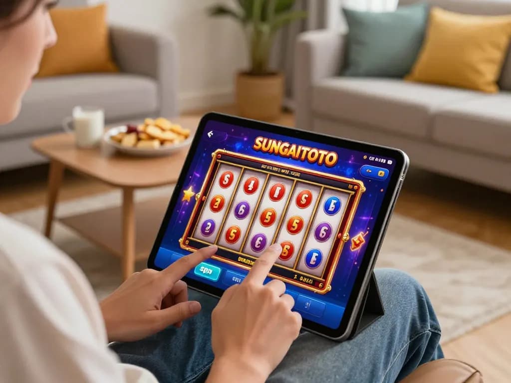 SUNGAITOTO user enjoying online slots on tablet, creating vibrant home gaming atmosphere.