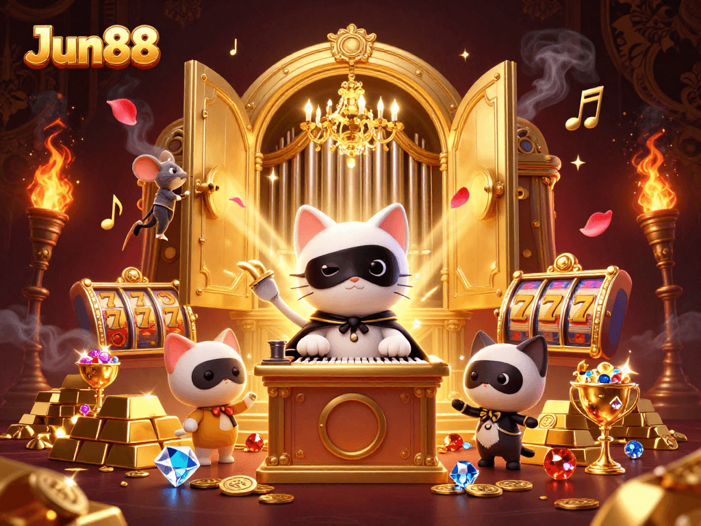 Join the Jun88 gaming adventure amidst treasures and fun in an imaginative 3D casino scene.