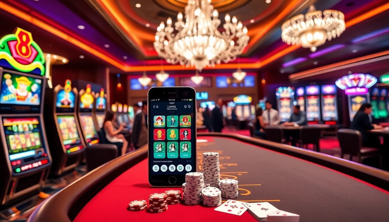 TẢI APP LUCK8 via smartphone amidst a luxurious casino floor filled with exciting games.