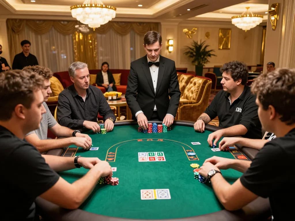 79kin players engaging in a thrilling poker game at an upscale casino table.