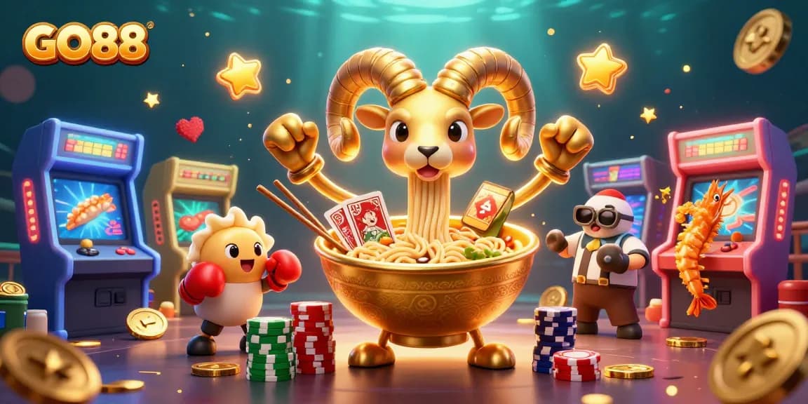 Engage with GO88's exciting game universe led by a golden ramen bowl dealer amidst vibrant casino elements.
