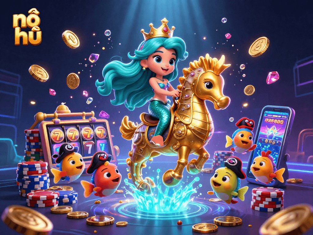 Nổ hũ jackpots inspire excitement in vibrant underwater slot adventure scene with whimsical mermaid characters.