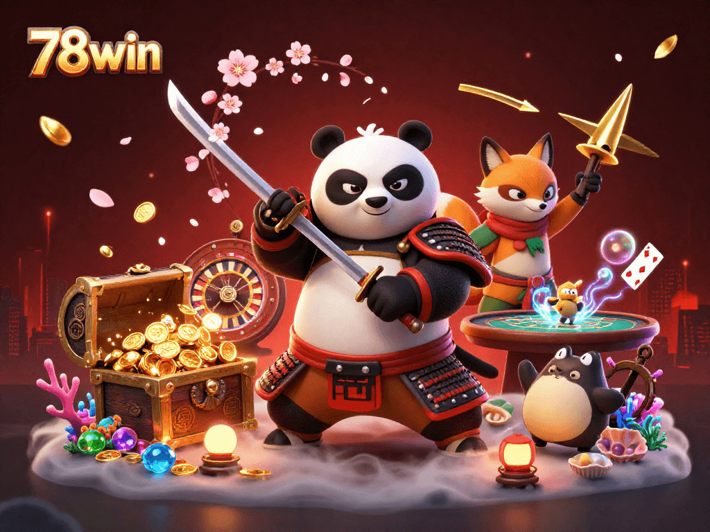 Engage with 78win's vibrant online casino experience featuring samurai panda and dynamic gaming elements.