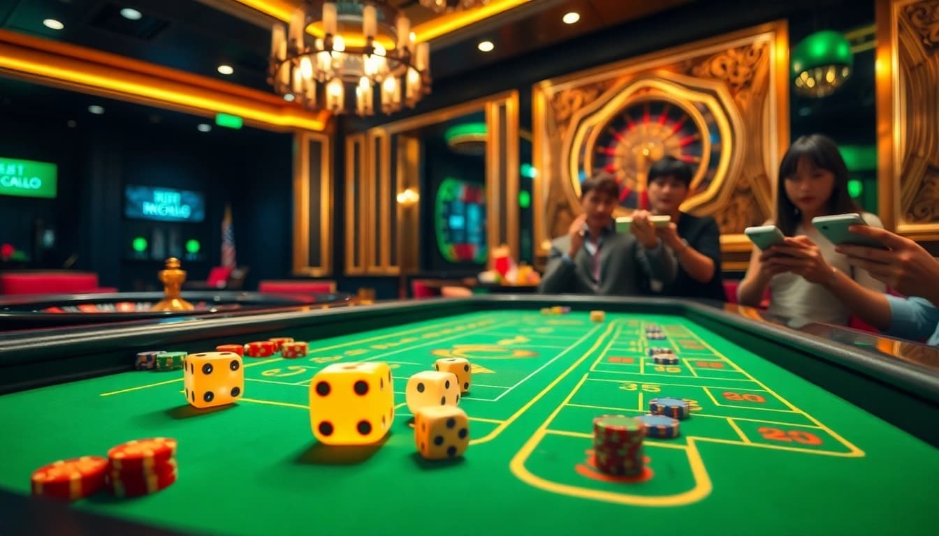 Engaging players at a Tài xỉu MD5 table in a vibrant casino atmosphere with betting chips.