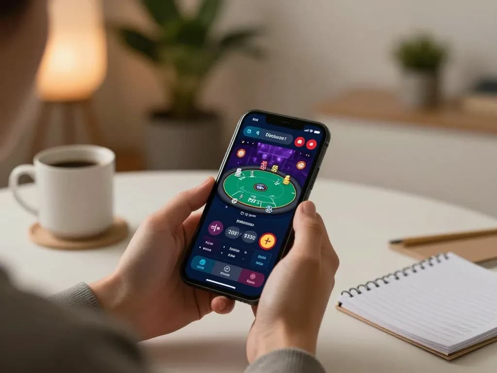 Engaging in online gaming at lv88 com with a smartphone and strategic notes in a cozy setup.