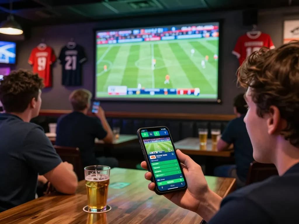 Bongdalu sports betting excitement with a person using a smartphone app while watching a live game in a vibrant sports bar.