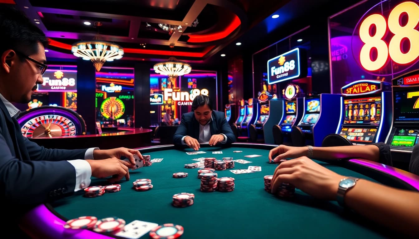 Experience the thrill of fun88 with vibrant casino games, poker tables, and roulette wheels.