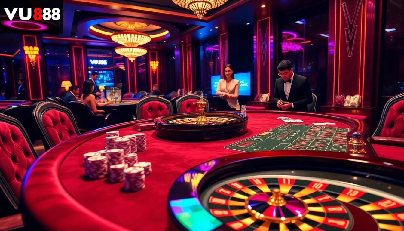 Experience high-stakes gaming at VU88 com with vibrant casino elements and luxurious ambiance.