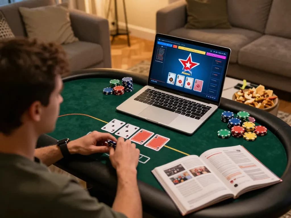 Player engaging in online poker game displaying transporthydraulics strategy in a cozy setting