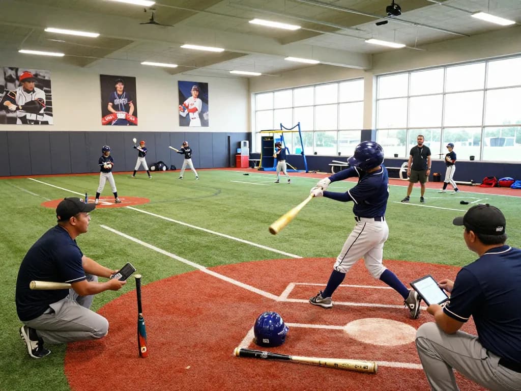 Young athletes practicing batting techniques at Hit Club, showcasing training environment and coaching.