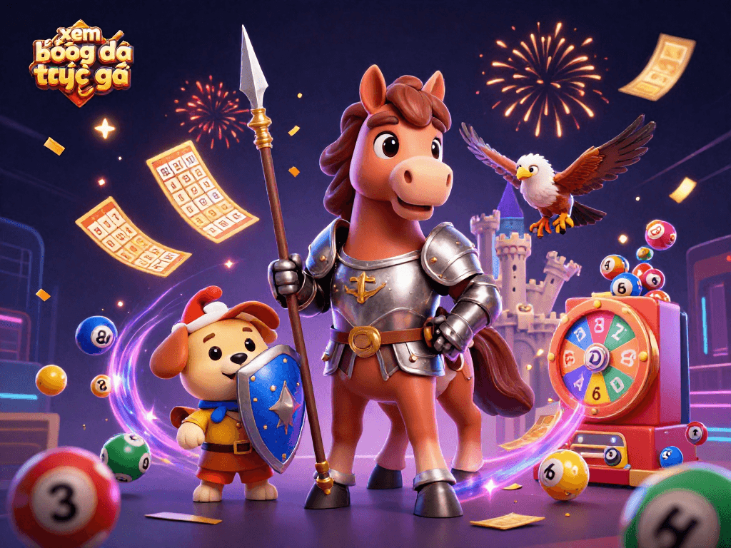 Experience xem bóng đá trực tiếp in a vibrant, dynamic casino-themed illustration filled with excitement.