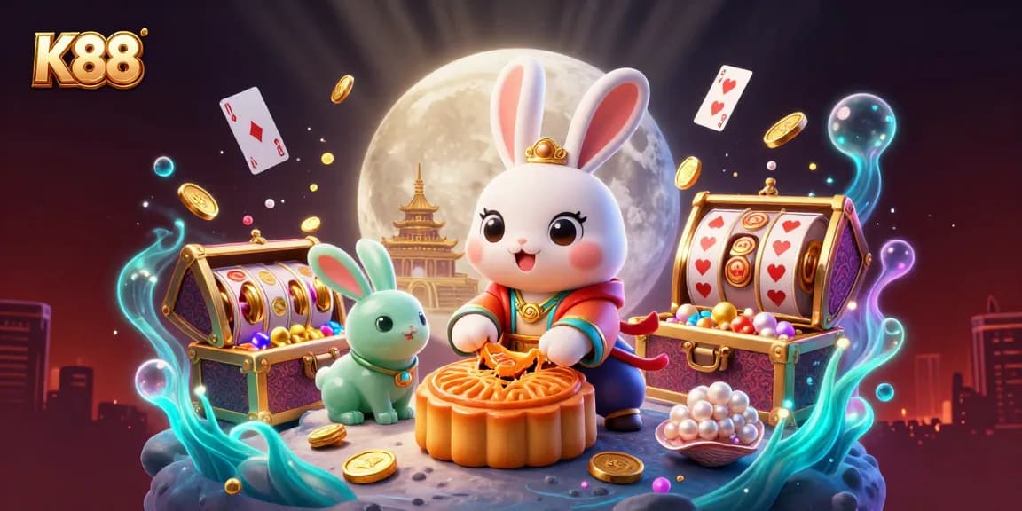 K88 engages players with a vibrant scene of a moon rabbit and jade rabbit surrounded by dynamic casino elements.