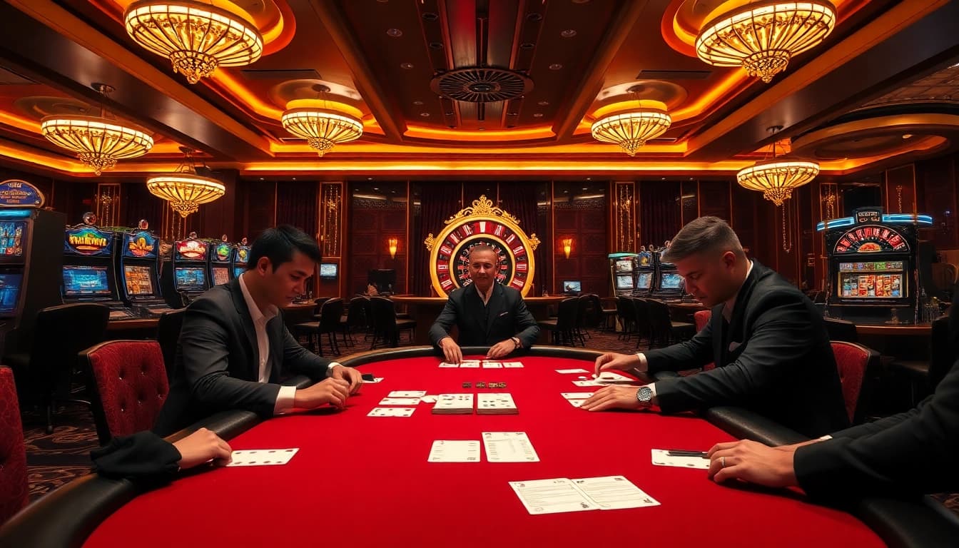 Players strategizing at a poker table at https://kp88.onl/, showcasing an exciting casino atmosphere with vibrant slot machines.