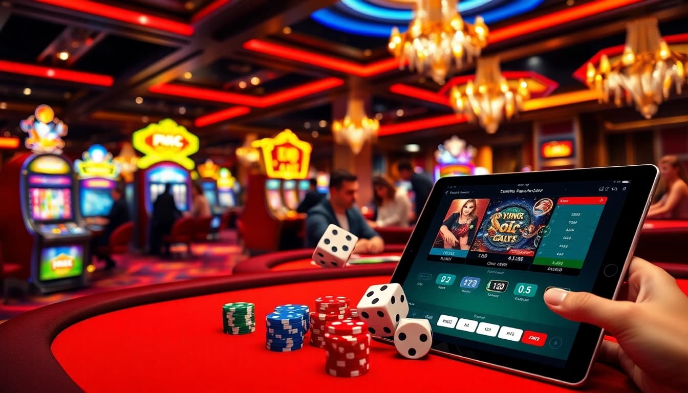 KJC – Exciting online gambling scene featuring poker chips and slot machines in a luxurious atmosphere.