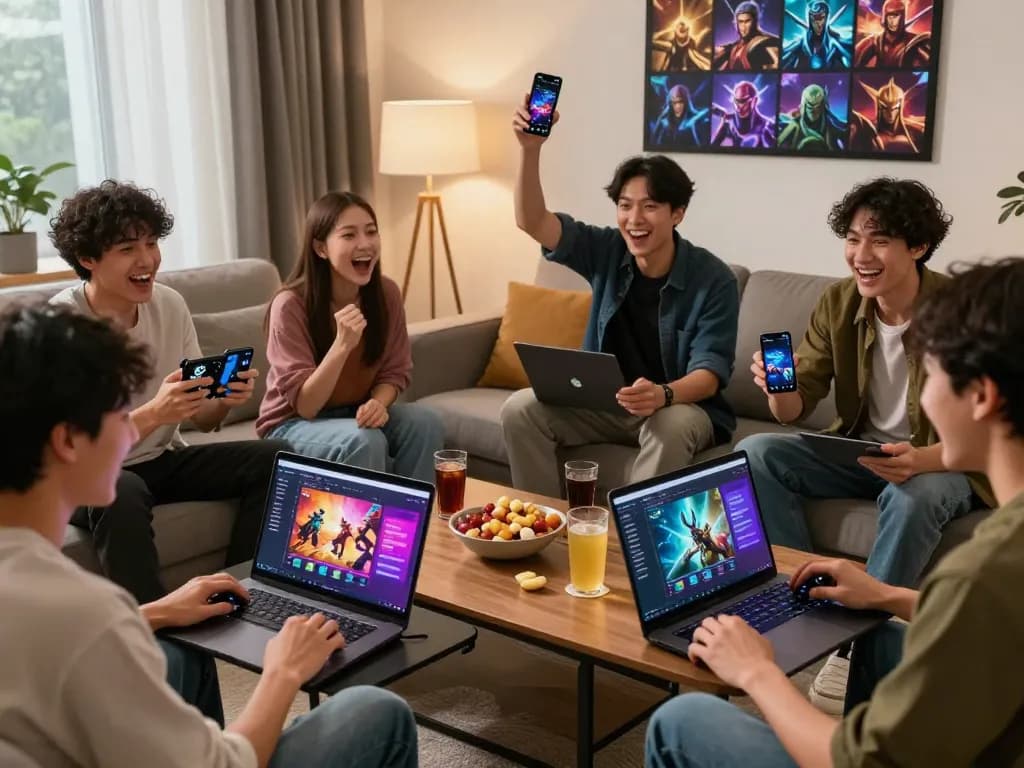 Engaging players enjoying RIKVIP online gaming experience on various devices in a lively setting