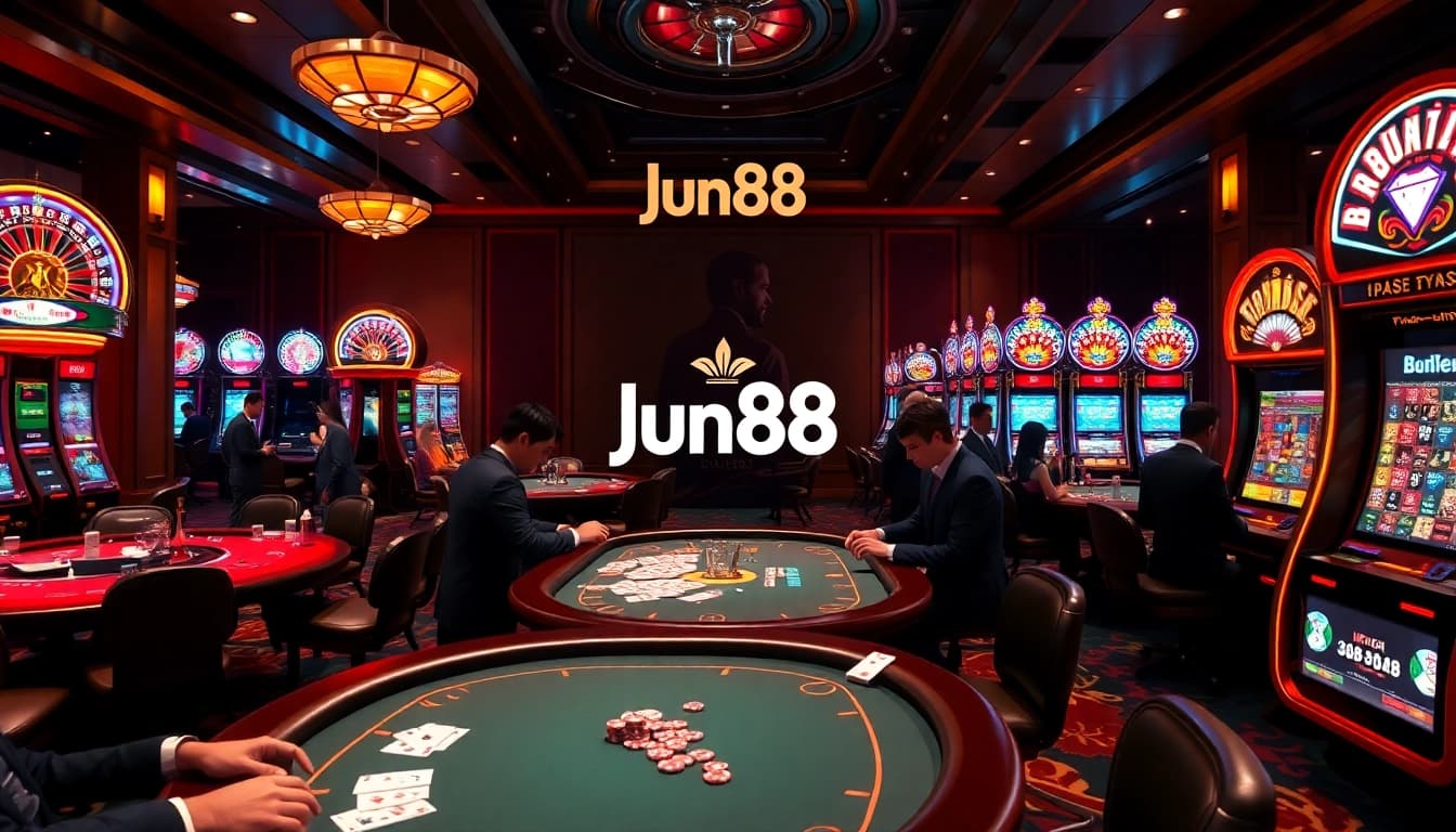 Jun88 logo on vibrant casino gaming floor with poker tables, roulette wheels, and slot machines.